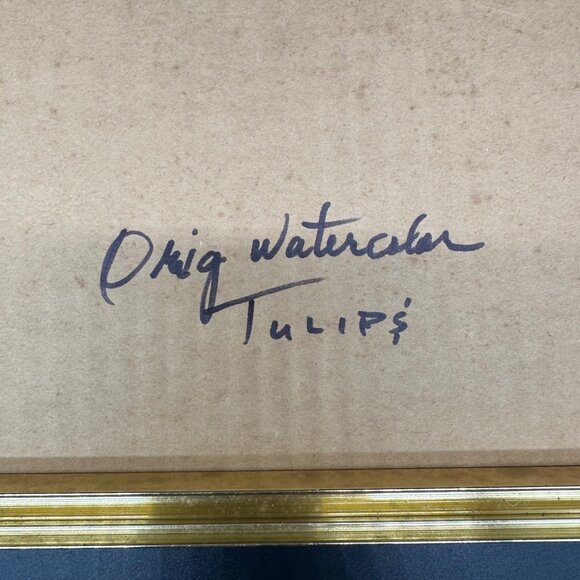 Watercolor Painting Tulips Pink Flower Gold Frame Signed Art Wall Hanging Floral - Picture 5 of 9